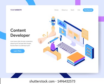 Landing page template of Content Developer Isometric Illustration Concept. Modern design concept of web page design for website and mobile website.Vector illustration EPS 10