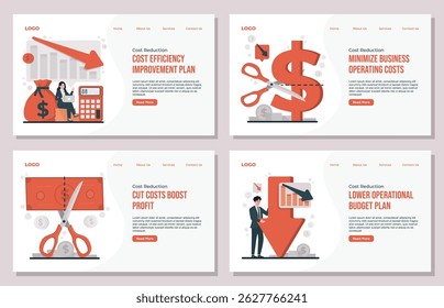 Landing page template Cost reduction concept illustration set showing business strategies to optimize spending, cut unnecessary costs, and increase financial efficiency