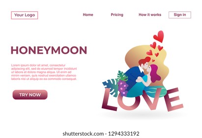 Landing page template of Couple with honey moon Dating Apps Illustration Concept. Modern flat design concept of web page design for website and mobile website.Vector illustration