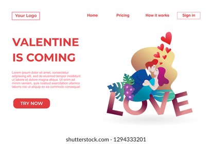 Landing page template of Couple with Valentine Dating Apps Illustration Concept. Modern flat design concept of web page design for website and mobile website.Vector illustration