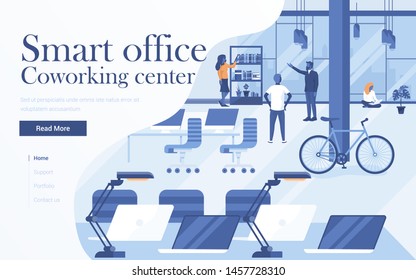 Landing page template of Coworking center. Team of young people working together in modern workspace. Modern flat design concept of web page design for website and mobile website. Vector Illustration