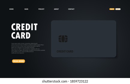 Landing page template of credit card illustration. Web page template with credit card. Dark theme. Vector EPS10. Illustration isolated on background