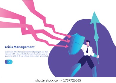 Landing page template for crisis management concept. Business man with a shield. 