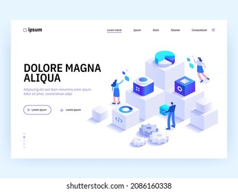 Landing page template with cryptocurrency miners chain of cubic blocks. Software and hardware solutions for Bitcoin mining. Modern isometric vector illustration for website.
