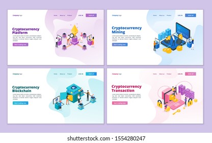 Landing page template of cryptocurrency platform, bitcoin mining and blockchain technology. Illustration for website and mobile website development