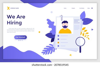 Landing page template with curriculum vitae or CV and magnifier. Concept of professional staff recruitment, job application, hiring personnel, employment. Modern flat vector illustration for webpage.