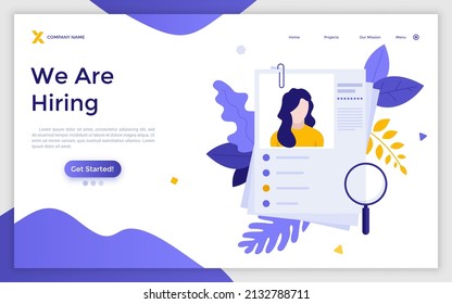 Landing page template with curriculum vitae or CV and magnifier. Concept of professional staff recruitment, job application, hiring personnel, employment. Modern flat vector illustration for webpage.