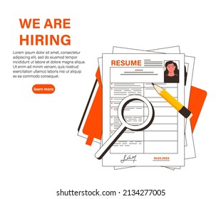 Landing page template with curriculum vitae or CV and magnifier. Concept of professional staff recruitment, job application, hiring personnel, employment. Modern flat vector illustration for webpage.