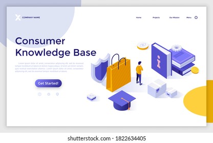 Landing Page Template mit Kunden oder Käufer, Bücher, Graduierung, Einkaufstasche, Schild. Konzept der Verbraucherwissenschaft Datenbank, Rechtsinformation. Moderne isometrische Vektorgrafik für Webseiten.