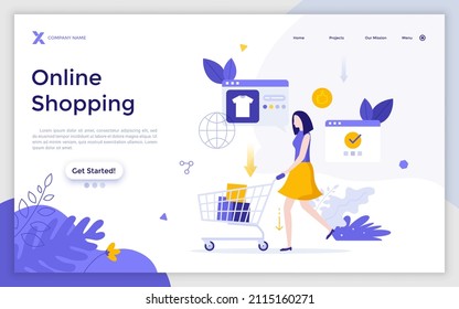 Landing page template with customer, buyer or consumer with cart buying goods. Concept of online shopping, internet retail, electronic commerce. Modern flat colorful vector illustration for website.
