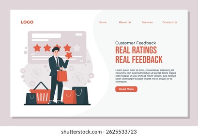 Landing page template Customer feedback illustration showing people giving reviews and star ratings to improve service and product quality
