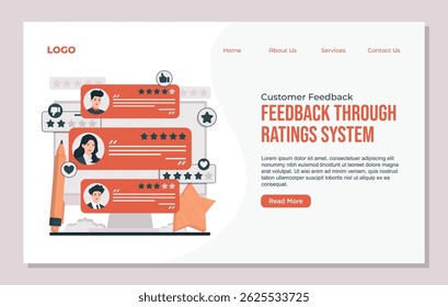 Landing page template Customer feedback illustration showing people giving reviews and star ratings to improve service and product quality