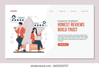 Landing page template Customer feedback illustration showing people giving reviews and star ratings to improve service and product quality