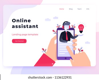 Landing page template customer and operator, online technical support 24-7 for web page. Vector illustration male hotline operator advises client. Online assistant, virtual help service smartphone.