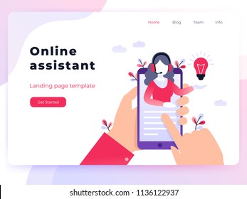 Landing page template customer and operator, online technical support 24-7 for web page. Vector illustration female hotline operator advises client. Online assistant, virtual help service smartphone.