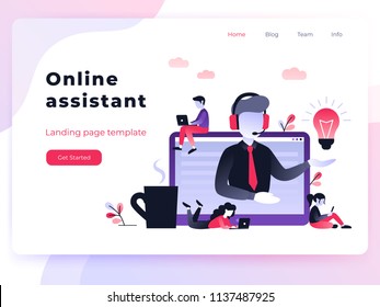 Landing page template customer and operator, online technical support 24-7 for web page. Vector illustration male hotline operator advises client. Online assistant, virtual help service for business.