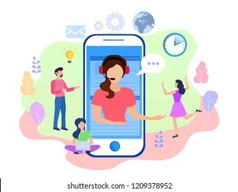 Landing page template customer and operator, online technical support 24-7 for web page. Vector illustration male hotline operator advises client. Online assistant, virtual help service 