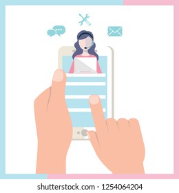 Landing page template customer and operator, online technical support 24-7 for web page. Vector illustration female hotline operator advises client. Online assistant, virtual help service smartphone