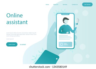 Landing page template customer and operator, online technical support 24-7 for web page. Vector illustration male hotline operator advises client. Online assistant, virtual help service smartphone