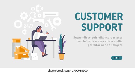 Landing page template customer and operator, online technical support 24-7 for web page. Vector illustration male hotline operator advises client. Online assistant.