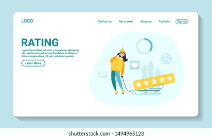 Landing page template of Customer Reviews. Modern flat design concept of web page design for website and mobile website. The best work, high price 5 stars. girl surrounded by stars, successful work