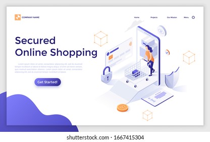 Landing page template with customer with shopping cart walking out of smartphone. Concept of secured online shopping, safety of electronic payments in internet store. Isometric vector illustration.