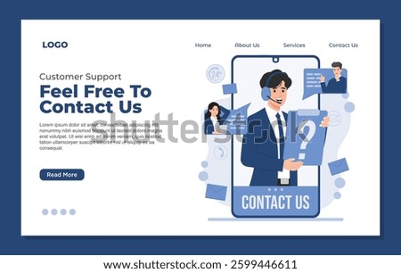 Landing page template Customer support service concept with call center, contact us assistance, and help desk illustration