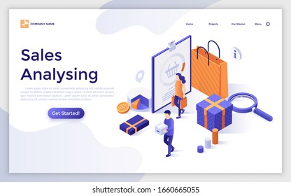 Landing page template with customers, buyers or consumers, shopping bags and gift boxes. Concept of sales analysis, market research, profit analytics. Modern isometric vector illustration for website.