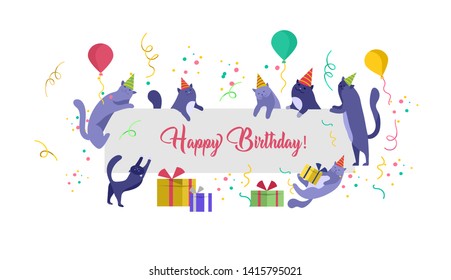 landing page template with Cute cats holding blank banner with Happy Birthday invitation. Happy cute kitty. Cartoon style vector illustration