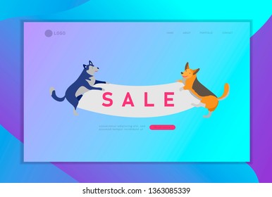 Landing page template with Cute dogs holding blank banner sale message. Happy cute puppy. Cartoon style vector illustration