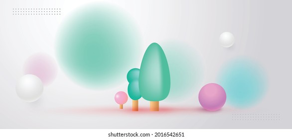 Landing page template cute magic treen in colorful garden and flying bubbles gradient effect style - 3D web vector illustrations