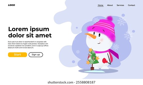 Landing page template with cute snowman. Drawing of snowman in purple hat and scarf with fir tree. Christmas, holiday can be used for webste or banner design