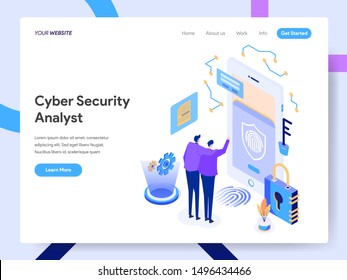 Landing page template of Cyber Security Analyst Isometric Illustration Concept. Modern design concept of web page design for website and mobile website.Vector illustration EPS 10