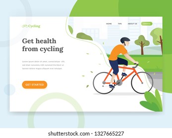 Landing page template of Cycling. Vector landing page concept with young man cycling a bike. Web page template with bicycle riding man. Modern flat design concept of web page. Vector illustration