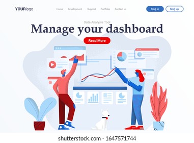 Landing page template of Dashboard Management. Young man and woman working together on project. Modern flat design business concept. Easy to edit and customize. Vector illustration