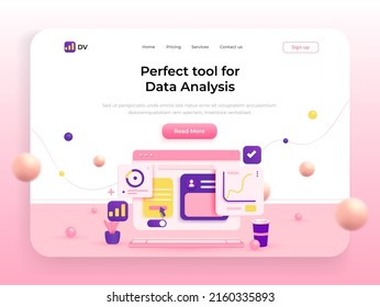 Landing page template of Data Analysis tool. Online marketing, financial report chart, data analysis concept. Modern 3D design concept of web page design for website and mobile website. Vector