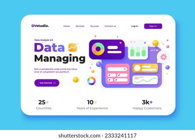 Landing page template of Data Analysis tool. Online marketing, financial report chart, data analysis concept. Modern 3D design concept of web page design for website and mobile website. Vector