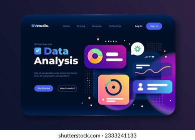 Landing page template of Data Analysis tool. Online marketing, financial report chart, data analysis concept. Modern 3D design concept of web page design for website and mobile website. Easy to edit a