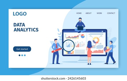 Landing page template. Data analytics, dashboard and business finance report. business finance investment concept. Data analysis team, business analytics. Vector illustration in flat style