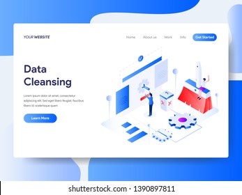 Landing page template of Data Cleansing Isometric Illustration Concept. Isometric flat design concept of web page design for website and mobile website.Vector illustration