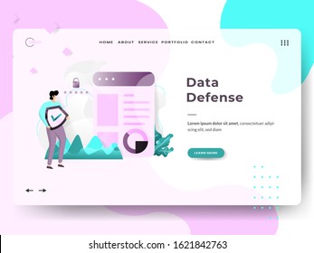 Landing page template of Data Defense. man is guarding the database. Modern flat design concept of web page design for websites and mobile websites. Vector illustration
