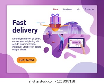 Landing page template of delivery service concept. The Flat design concept of web page design for a mobile website.  Drone fly over the city and delivering a box.