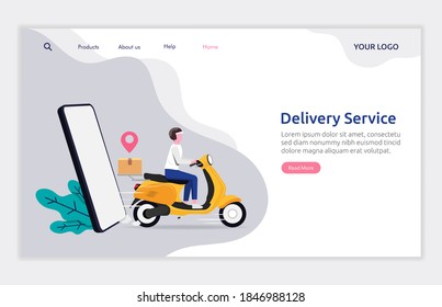 Landing page template of delivery service concept. Courier deliver package to customer vector illustration.
