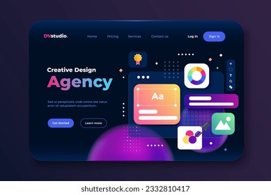 Landing page template of Design Agency. Web UI-UX design, web development concept. Modern 3D design concept of web page design for website and mobile website. Easy to edit and customize. Vector