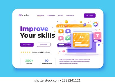 Landing page template of Design Agency. Web UI-UX design, web development concept. Modern 3D design concept of web page design for website and mobile website. Easy to edit and customize. Vector