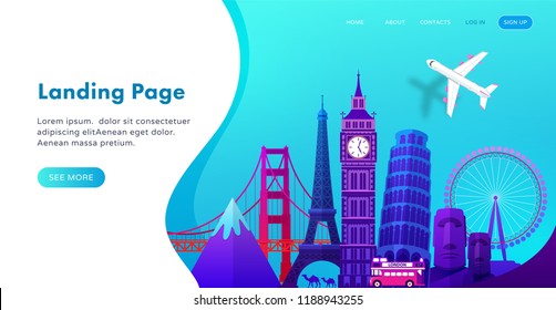 Landing page template design with famous landmarks in modern gradient style for travel or tourism website. Vector illustration