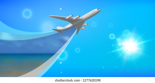 Landing page template design with realistic plane and sun flare and sunset beach background for travel or tourism website.