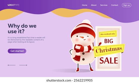 Landing page template design with snowman. Big Christmas Sale with poster and snowman cartoon character in hat and scarf. Illustration can be used for sales, shops, special offers