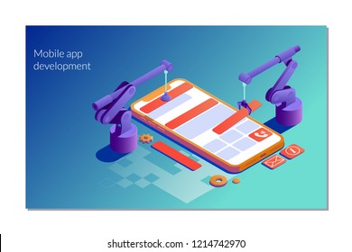 Landing page template of design website flat design concept app development. Flat isometric vector illustration isolated on white background.