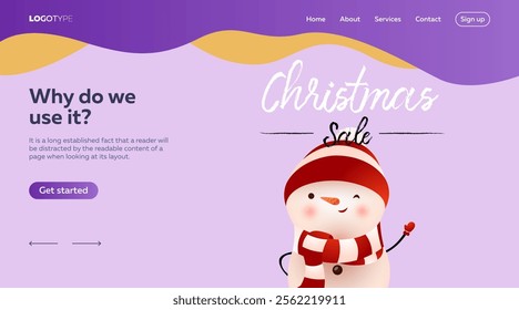 Landing page template design with winking snowman. Christmas Sale lettering with cartoon character in hat and scarf. Vectro can be used for sales, online shops, discounts